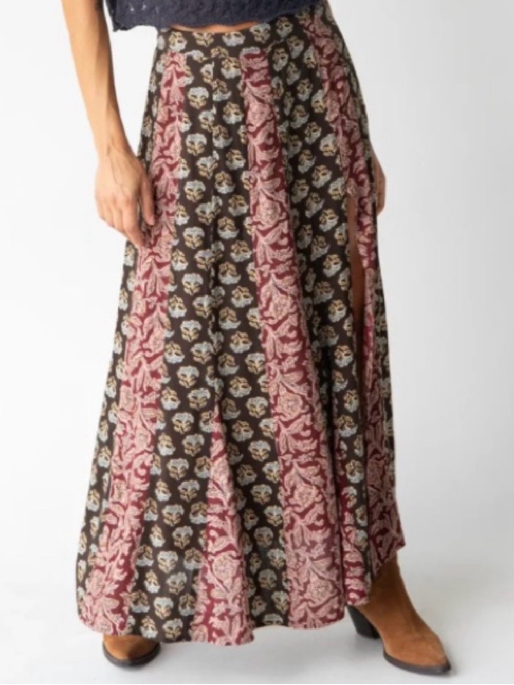 NATURAL LIFE Black Maxi Skirt with Burgundy Floral Panels